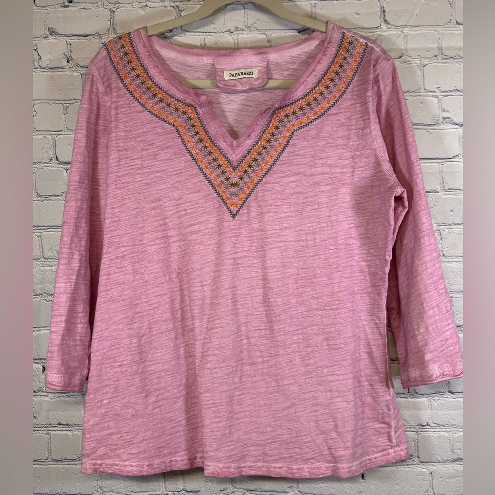 Paparazzi Pink V Neck Embroidered Boho Festival Cottagecore Western Top M